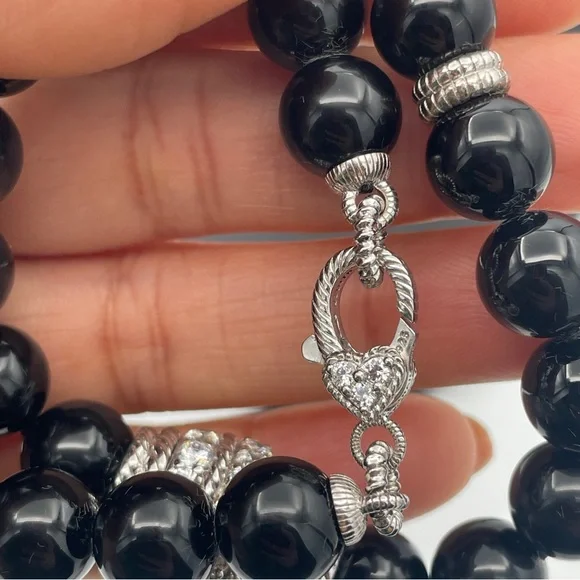 Judith Ripka Heavy 10mm Onyx Bead Necklace Sterling Silver CZ Center Piece 18” - Picture 4 of 9